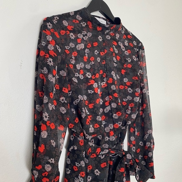 REISS Ladies Red Mix Ditsy Floral PEONY Sheer Lined Tie Waisted Party Dress US8 - Picture 7 of 16